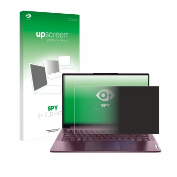 Face avant d’un emballage produit avec le logo de la marque upscreen. À côté, l’appareil Lenovo Yoga Slim 7 14