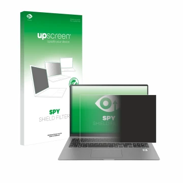 Face avant d’un emballage produit avec le logo de la marque upscreen. À côté, l’appareil LG gram 17'' 2021 est représenté avec