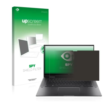 Face avant d’un emballage produit avec le logo de la marque upscreen. À côté, l’appareil HP Envy x360 (15-eX) (359 mm x 228.2 