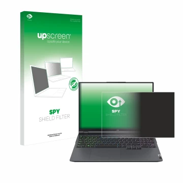 Face avant d’un emballage produit avec le logo de la marque upscreen. À côté, l’appareil Lenovo Legion 5 Pro est représenté av