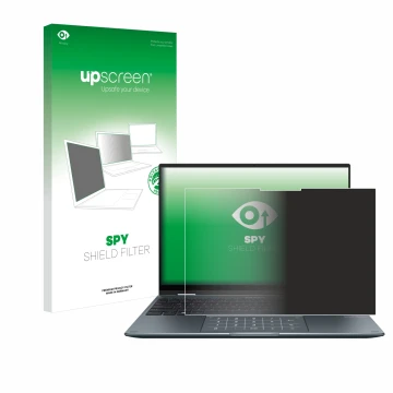 Face avant d’un emballage produit avec le logo de la marque upscreen. À côté, l’appareil ASUS ZenBook 14 Flip OLED est représe