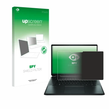 Face avant d’un emballage produit avec le logo de la marque upscreen. À côté, l’appareil HP Spectre x360 16