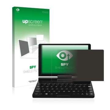 Face avant d’un emballage produit avec le logo de la marque upscreen. À côté, l’appareil GPD Pocket 3 est représenté avec la p
