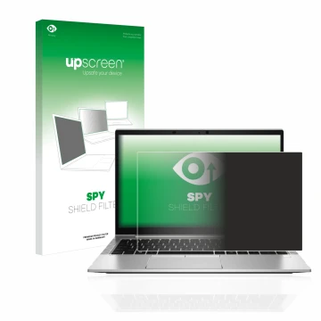 Face avant d’un emballage produit avec le logo de la marque upscreen. À côté, l’appareil HP EliteBook 840 G8 est représenté av