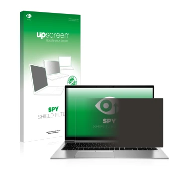 Face avant d’un emballage produit avec le logo de la marque upscreen. À côté, l’appareil HP EliteBook 855 G7 Non-Touch est rep