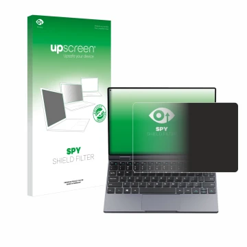 Face avant d’un emballage produit avec le logo de la marque upscreen. À côté, l’appareil Chuwi MiniBook X est représenté avec 