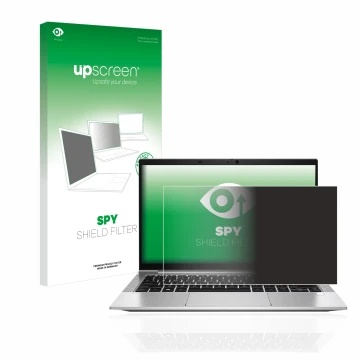 Face avant d’un emballage produit avec le logo de la marque upscreen. À côté, l’appareil HP EliteBook 830 G8 est représenté av