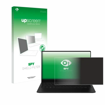 Face avant d’un emballage produit avec le logo de la marque upscreen. À côté, l’appareil Samsung Galaxy Book2 Pro 13.3