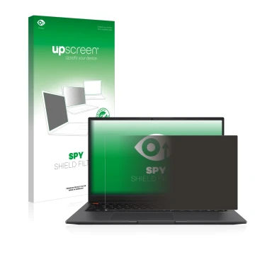 Face avant d’un emballage produit avec le logo de la marque upscreen. À côté, l’appareil ASUS VivoBook S 15 OLED est représent