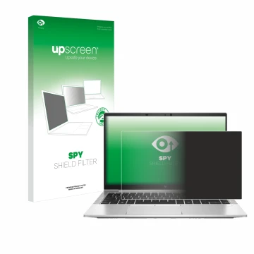 Face avant d’un emballage produit avec le logo de la marque upscreen. À côté, l’appareil HP EliteBook 845 G7 est représenté av