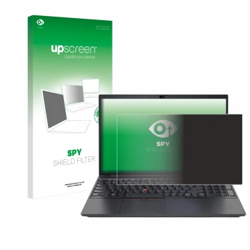 Face avant d’un emballage produit avec le logo de la marque upscreen. À côté, l’appareil Lenovo ThinkPad E15 Gen 2 est représe