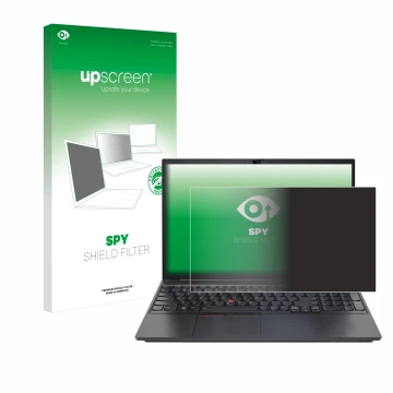 Face avant d’un emballage produit avec le logo de la marque upscreen. À côté, l’appareil Lenovo ThinkPad E15 Gen 3 est représe