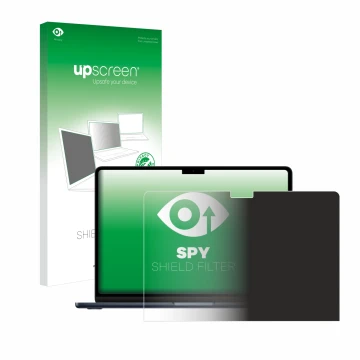 Face avant d’un emballage produit avec le logo de la marque upscreen. À côté, l’appareil Apple MacBook Air 13