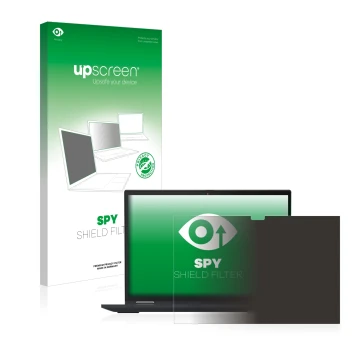 Face avant d’un emballage produit avec le logo de la marque upscreen. À côté, l’appareil Lenovo ThinkPad X13 Yoga Gen 3 est re