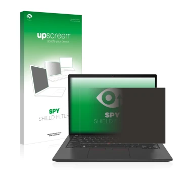 Face avant d’un emballage produit avec le logo de la marque upscreen. À côté, l’appareil Lenovo ThinkPad T14 Gen 3 est représe