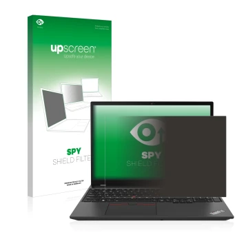 Face avant d’un emballage produit avec le logo de la marque upscreen. À côté, l’appareil Lenovo ThinkPad T16 Gen 1 16