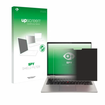 Face avant d’un emballage produit avec le logo de la marque upscreen. À côté, l’appareil Lenovo ThinkPad X1 Titanium Yoga Gen 