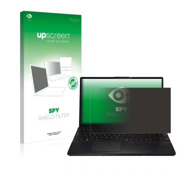 Face avant d’un emballage produit avec le logo de la marque upscreen. À côté, l’appareil Fujitsu Lifebook E5512 est représenté