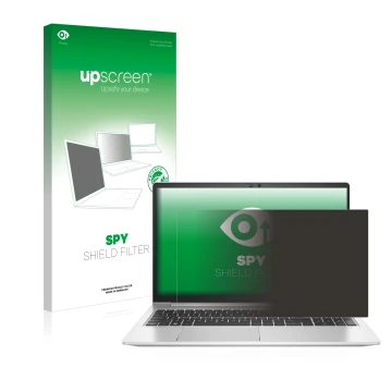 Face avant d’un emballage produit avec le logo de la marque upscreen. À côté, l’appareil HP EliteBook 650 G9 est représenté av