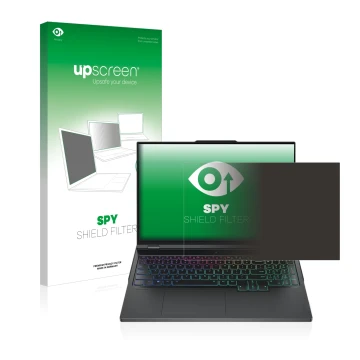 Face avant d’un emballage produit avec le logo de la marque upscreen. À côté, l’appareil Lenovo Legion Pro 7 16