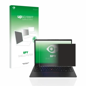 Face avant d’un emballage produit avec le logo de la marque upscreen. À côté, l’appareil Lenovo ThinkPad X1 Carbon Non-Touch 1