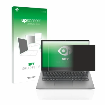 Face avant d’un emballage produit avec le logo de la marque upscreen. À côté, l’appareil Lenovo ThinkBook 14 Gen 4 est représe