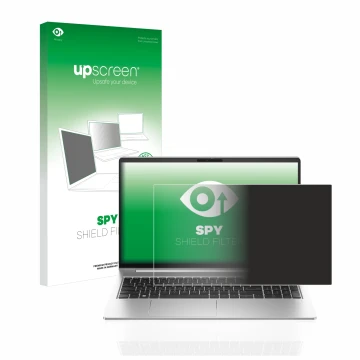 Face avant d’un emballage produit avec le logo de la marque upscreen. À côté, l’appareil HP ProBook 450 G10 est représenté ave