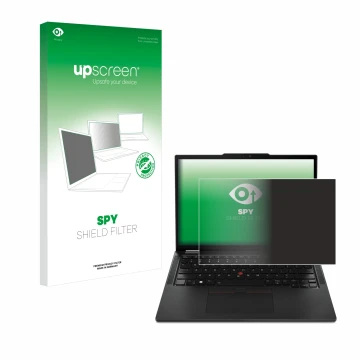 Face avant d’un emballage produit avec le logo de la marque upscreen. À côté, l’appareil Lenovo ThinkPad X13 Gen 4 est représe