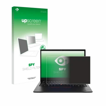 Face avant d’un emballage produit avec le logo de la marque upscreen. À côté, l’appareil Lenovo ThinkPad L13 Gen 4 Touch est r