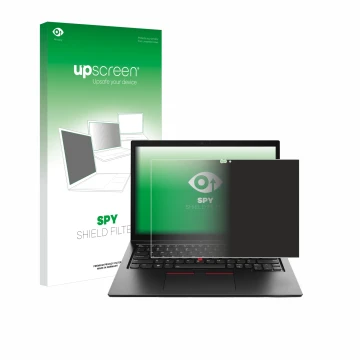 Face avant d’un emballage produit avec le logo de la marque upscreen. À côté, l’appareil Lenovo ThinkPad L13 Yoga Gen 4 est re