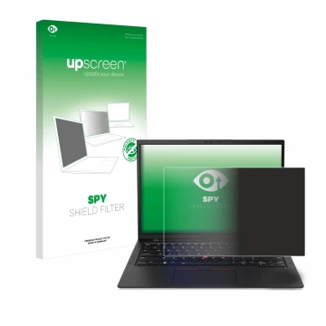 Face avant d’un emballage produit avec le logo de la marque upscreen. À côté, l’appareil Lenovo ThinkPad X1 Carbon 14