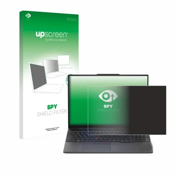 Face avant d’un emballage produit avec le logo de la marque upscreen. À côté, l’appareil Lenovo ThinkPad E16 Gen 1 est représe