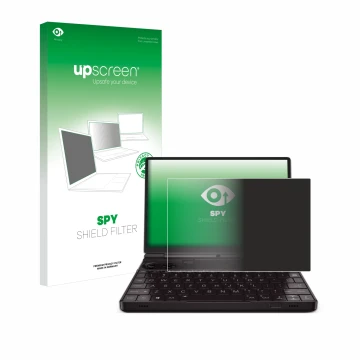 Face avant d’un emballage produit avec le logo de la marque upscreen. À côté, l’appareil GPD Win Max 2 2023 est représenté ave