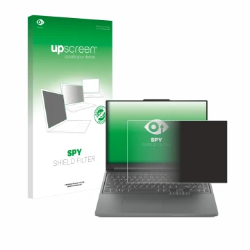 Face avant d’un emballage produit avec le logo de la marque upscreen. À côté, l’appareil Lenovo Legion Slim 5 14 est représent