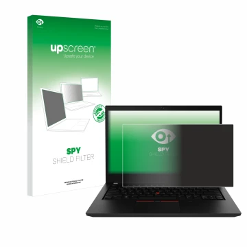 Face avant d’un emballage produit avec le logo de la marque upscreen. À côté, l’appareil Lenovo ThinkPad P14s Gen 2 est représ