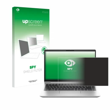 Face avant d’un emballage produit avec le logo de la marque upscreen. À côté, l’appareil HP ProBook 445 G10 est représenté ave