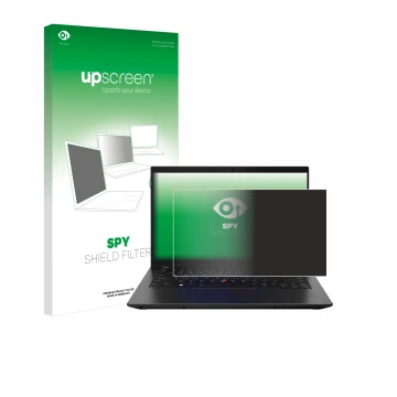 Face avant d’un emballage produit avec le logo de la marque upscreen. À côté, l’appareil Lenovo ThinkPad L14 Gen 3 est représe