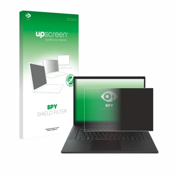 Face avant d’un emballage produit avec le logo de la marque upscreen. À côté, l’appareil Lenovo ThinkPad P1 Gen 6 16