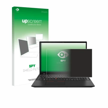 Face avant d’un emballage produit avec le logo de la marque upscreen. À côté, l’appareil Lenovo ThinkPad P16s Gen 2 est représ