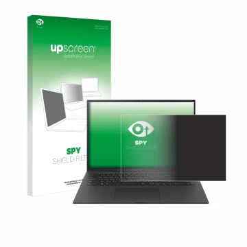 Face avant d’un emballage produit avec le logo de la marque upscreen. À côté, l’appareil LG gram Pro 17 2024 est représenté av