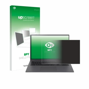 Face avant d’un emballage produit avec le logo de la marque upscreen. À côté, l’appareil LG gram 17