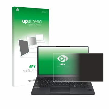 Face avant d’un emballage produit avec le logo de la marque upscreen. À côté, l’appareil Fujitsu Lifebook U9312 est représenté