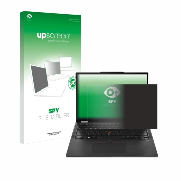 Face avant d’un emballage produit avec le logo de la marque upscreen. À côté, l’appareil Lenovo ThinkPad X13 Gen 5 est représe