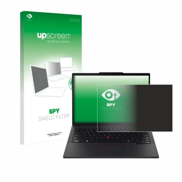 Face avant d’un emballage produit avec le logo de la marque upscreen. À côté, l’appareil Lenovo ThinkPad T14s Gen 5 est représ