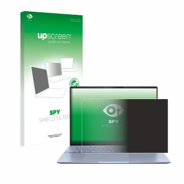 Face avant d’un emballage produit avec le logo de la marque upscreen. À côté, l’appareil ASUS Vivobook S16 OLED S5606 est repr