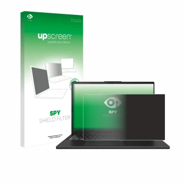 Face avant d’un emballage produit avec le logo de la marque upscreen. À côté, l’appareil ASUS VivoBook Pro 15 OLED N6506 est r