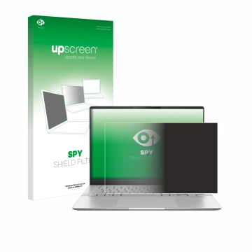Face avant d’un emballage produit avec le logo de la marque upscreen. À côté, l’appareil ASUS Vivobook S 14 OLED M5406 est rep