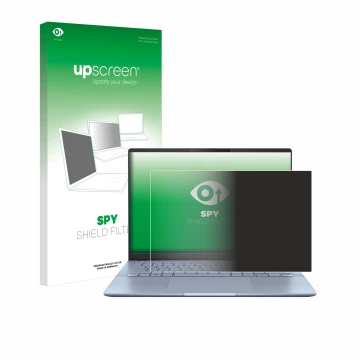 Face avant d’un emballage produit avec le logo de la marque upscreen. À côté, l’appareil ASUS Vivobook S 14 OLED S5406 est rep