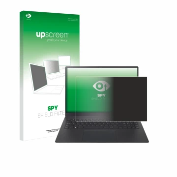 Face avant d’un emballage produit avec le logo de la marque upscreen. À côté, l’appareil LG gram Pro 16 2024 est représenté av