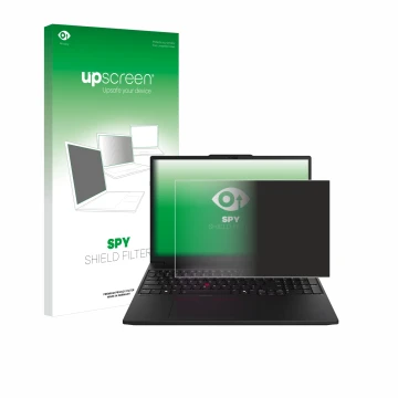 Face avant d’un emballage produit avec le logo de la marque upscreen. À côté, l’appareil Lenovo ThinkPad P16s Gen 3 est représ